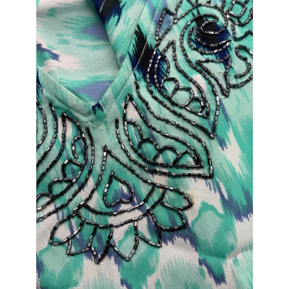 Chico's Womens Teal Blue Ikat Print Beaded V-Neck Kaftan Kimono Top L/XL - Picture 3 of 8